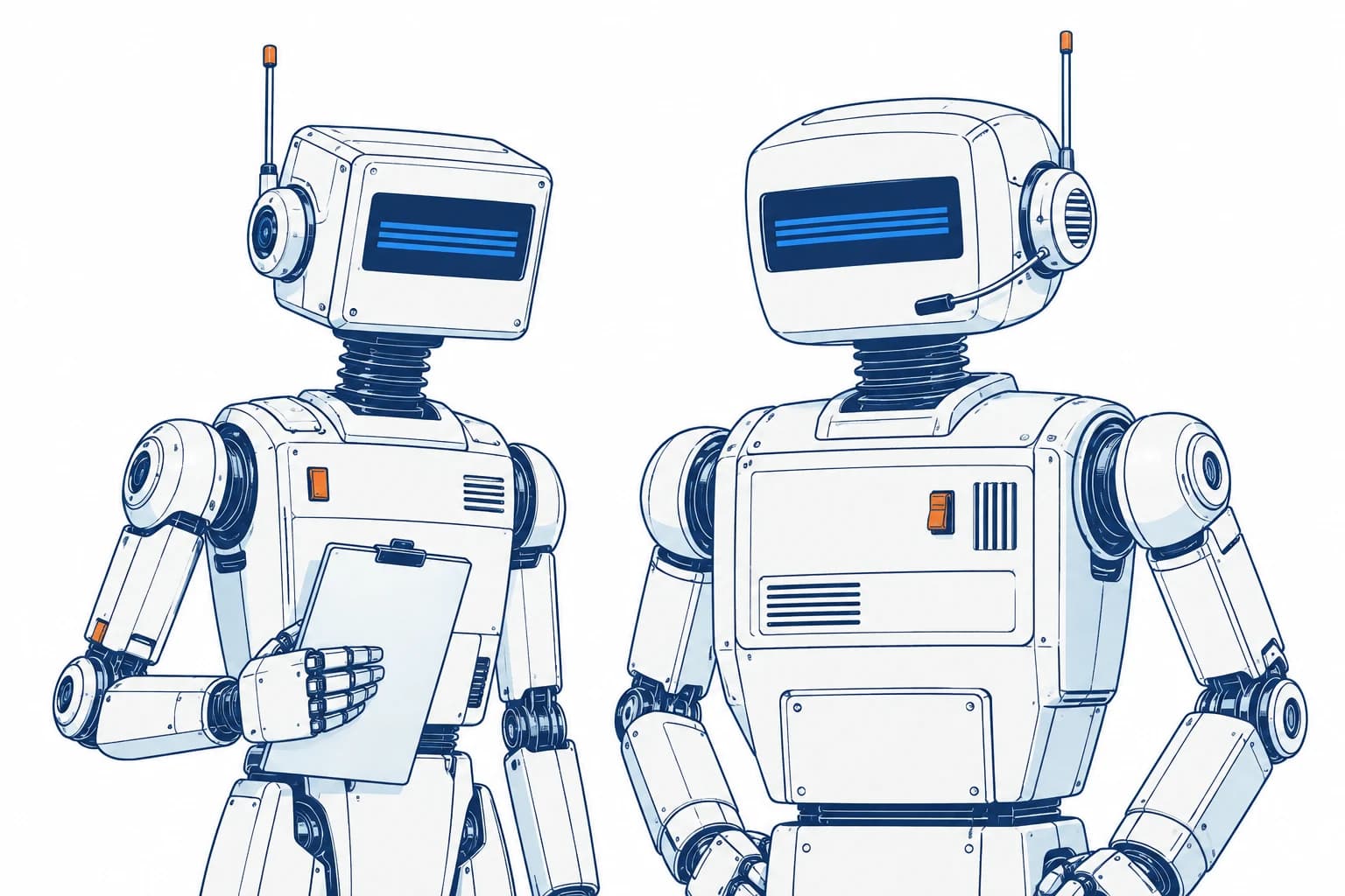 1980s-inspired blue outline robots: Sales Sarah with a clipboard and Support Sofia with a headset